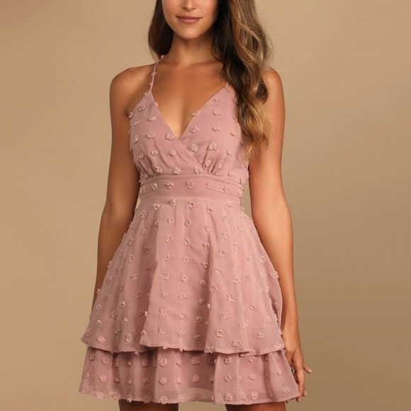NWT Lulu’s Mauve Polka Dot Tiered Tie Waist Mini Dress - Picture 4 of 10
